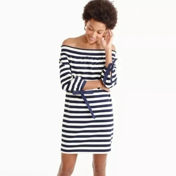 J. Crew Dresses & Skirts - J. Crew Striped Off The Shoulders Navy Muslin Dress Size S Small Bow Tie
